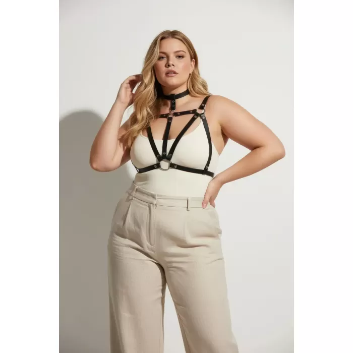 Büyük Beden Siyah Kadın Kemer Deri Vücut Aksesuarı Choker Detaylı - APFT747