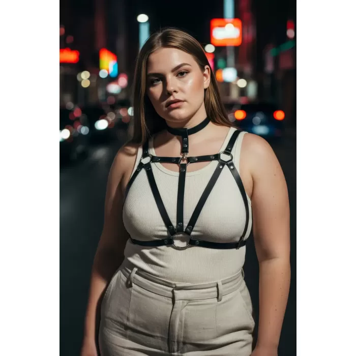 Büyük Beden Siyah Kadın Kemer Deri Vücut Aksesuarı Choker Detaylı - APFT747