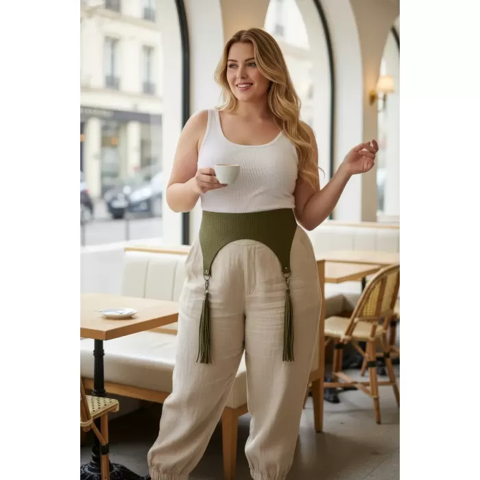 Büyük Beden Haki Kadın Kemer Püskül Detaylı Geniş Deri - APFT755