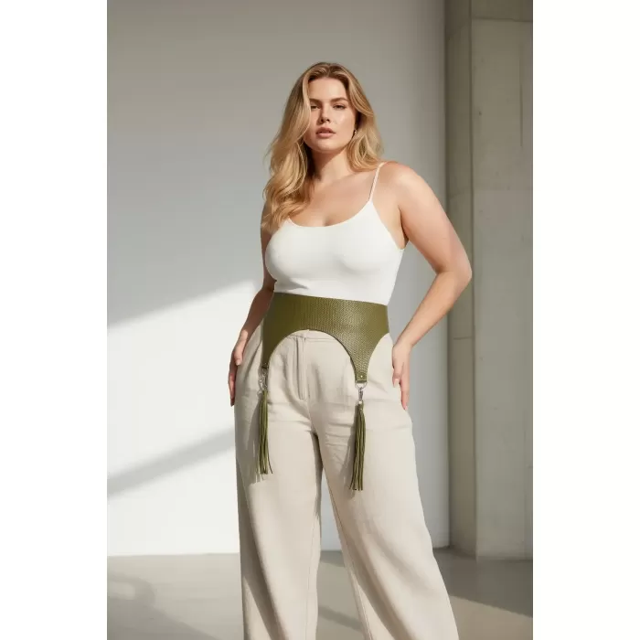 Büyük Beden Haki Kadın Kemer Püskül Detaylı Geniş Deri - APFT755