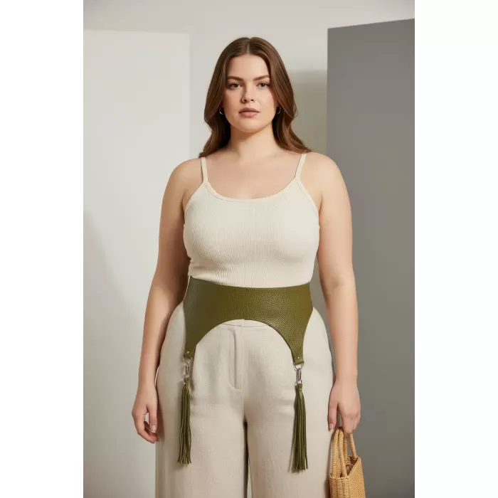 Büyük Beden Haki Kadın Kemer Püskül Detaylı Geniş Deri - APFT755