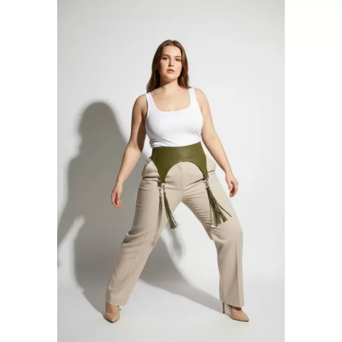 Büyük Beden Haki Kadın Kemer Püskül Detaylı Geniş Deri - APFT755