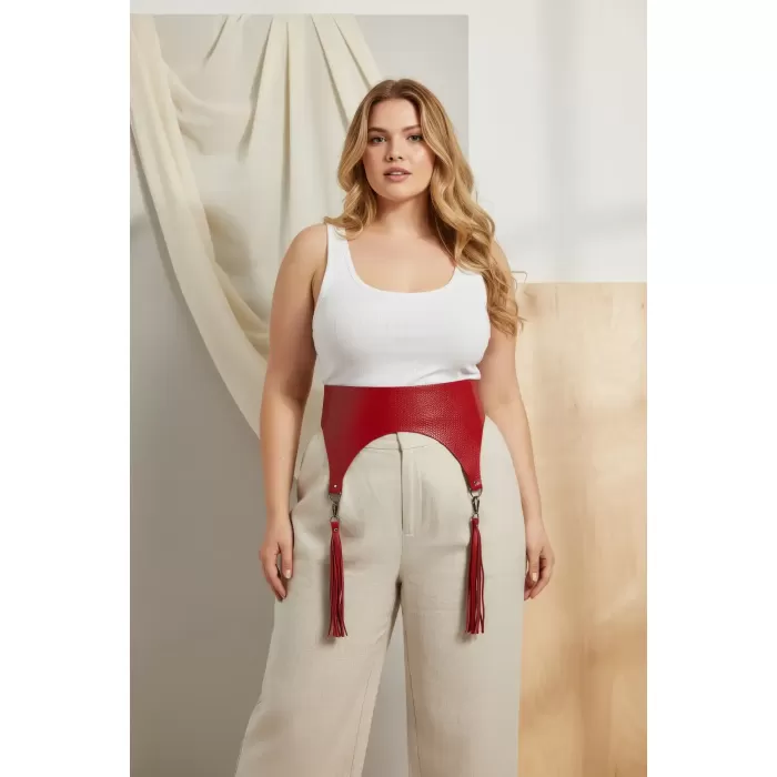 Büyük Beden Kırmızı Kadın Kemer Püskül Detaylı Deri Korse Tasarım - APFT755