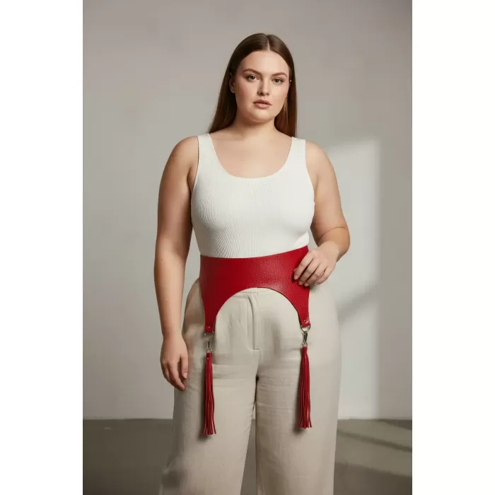 Büyük Beden Kırmızı Kadın Kemer Püskül Detaylı Deri Korse Tasarım - APFT755