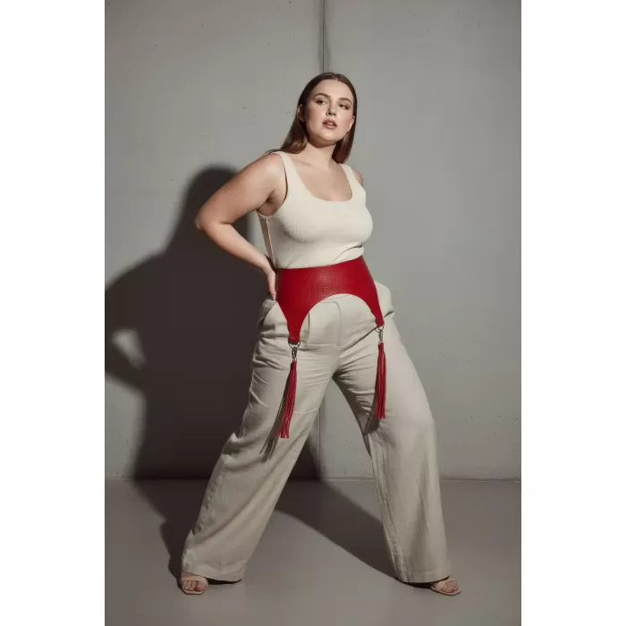 Büyük Beden Kırmızı Kadın Kemer Püskül Detaylı Deri Korse Tasarım - APFT755