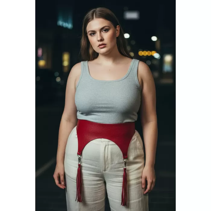 Büyük Beden Kırmızı Kadın Kemer Püskül Detaylı Deri Korse Tasarım - APFT755