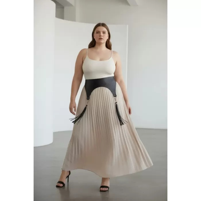 Büyük Beden Siyah Kadın Kemer Geniş Püskül Detaylı Bel Aksesuarı - APFT755