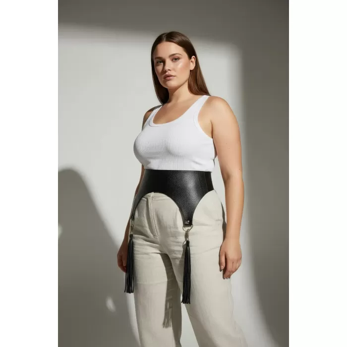 Büyük Beden Siyah Kadın Kemer Geniş Püskül Detaylı Bel Aksesuarı - APFT755