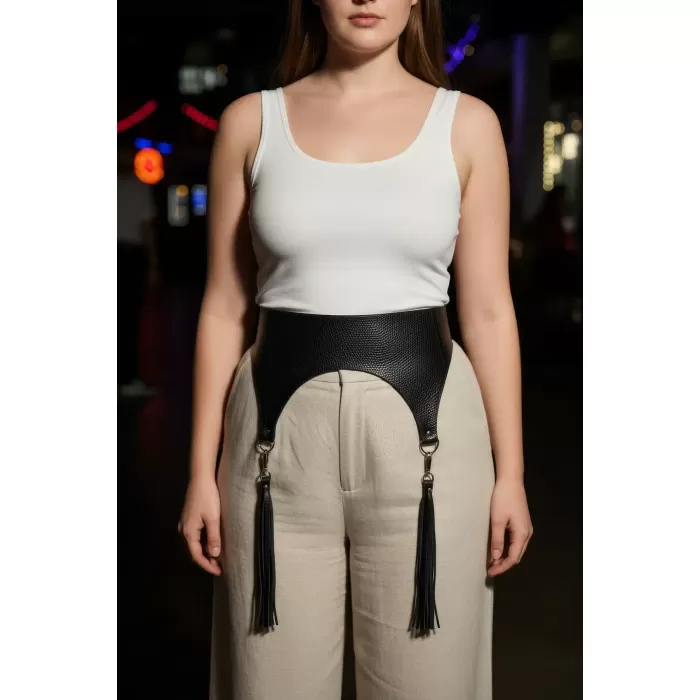 Büyük Beden Siyah Kadın Kemer Geniş Püskül Detaylı Bel Aksesuarı - APFT755