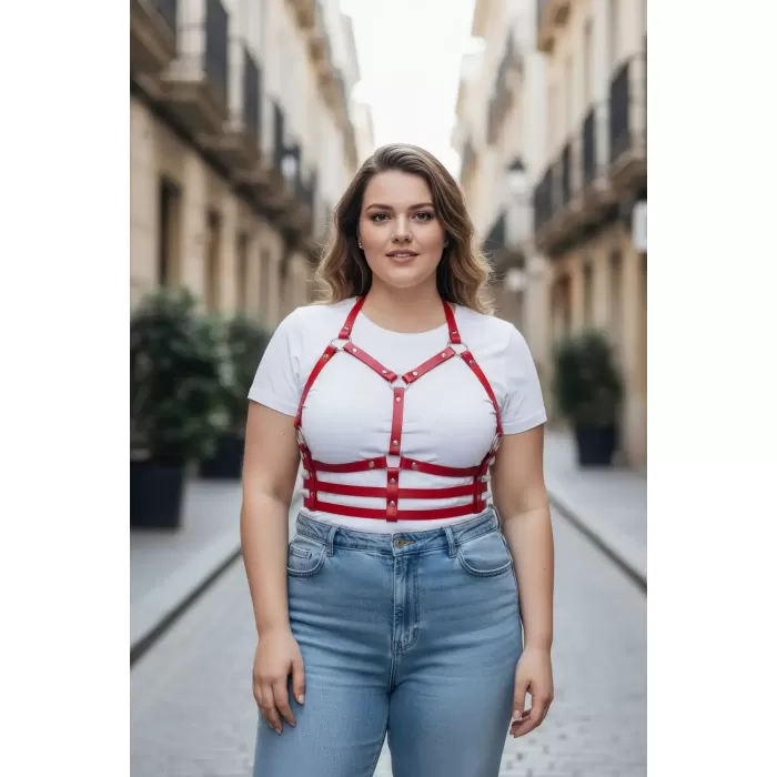 Büyük Beden Kırmızı Kadın Kemer Deri Harness Korse Tarzı Vücut Aksesuarı - APFT760