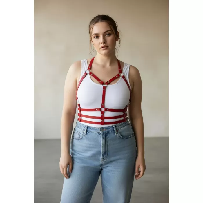 Büyük Beden Kırmızı Kadın Kemer Deri Harness Korse Tarzı Vücut Aksesuarı - APFT760