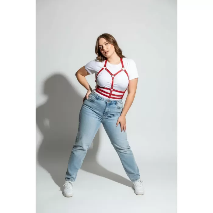 Büyük Beden Kırmızı Kadın Kemer Deri Harness Korse Tarzı Vücut Aksesuarı - APFT760