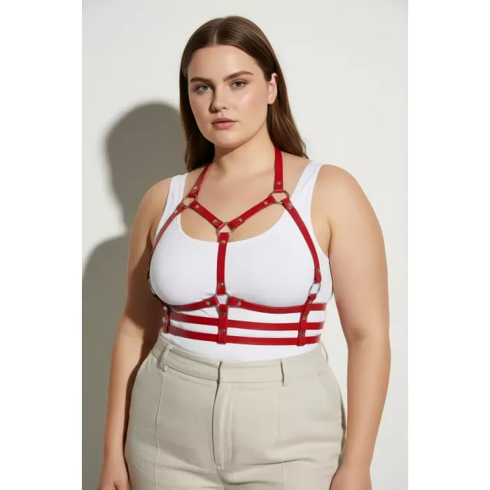 Büyük Beden Kırmızı Kadın Kemer Deri Harness Korse Tarzı Vücut Aksesuarı - APFT760