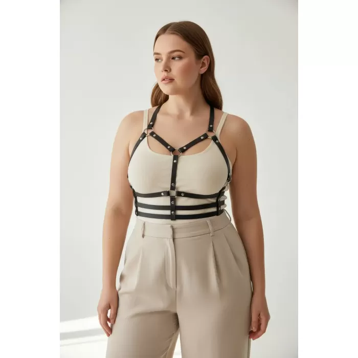 Büyük Beden Siyah Kadın Kemer Deri Harness Metal Detaylı - APFT760