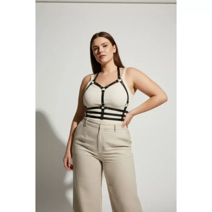 Büyük Beden Siyah Kadın Kemer Deri Harness Metal Detaylı - APFT760