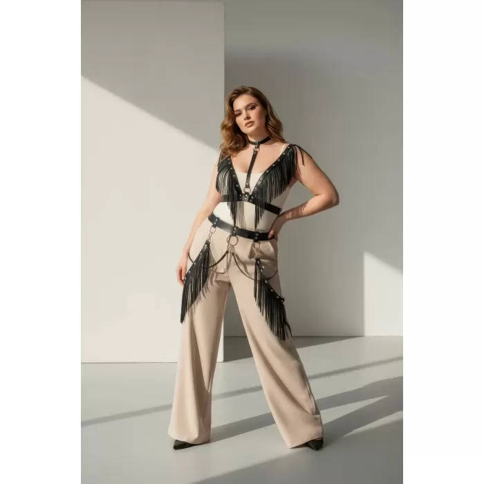 Büyük Beden Siyah Kadın Kemer Püsküllü Deri Harness Vücut Aksesuarı - APFT768