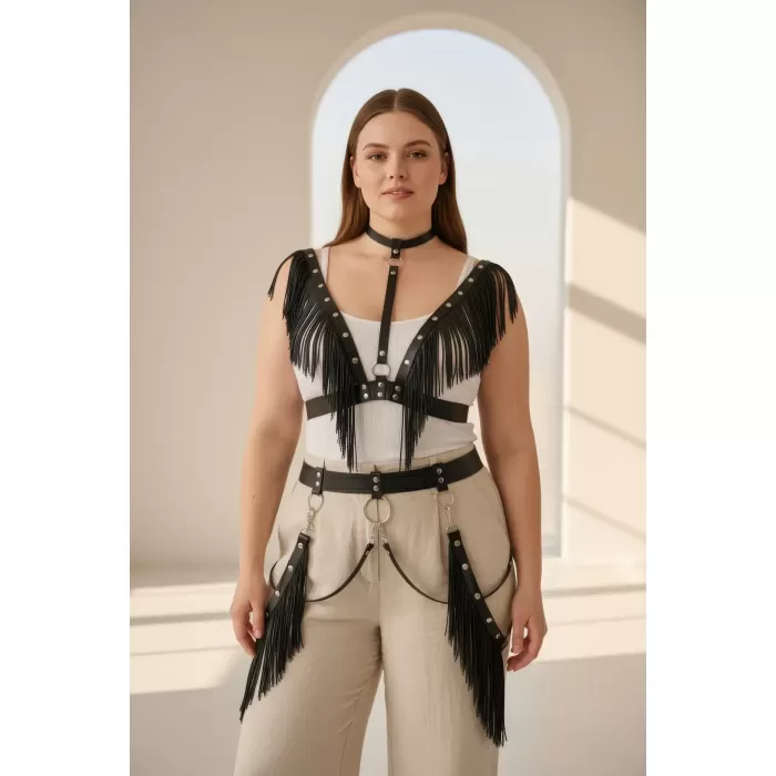Büyük Beden Siyah Kadın Kemer Püsküllü Deri Harness Vücut Aksesuarı - APFT768