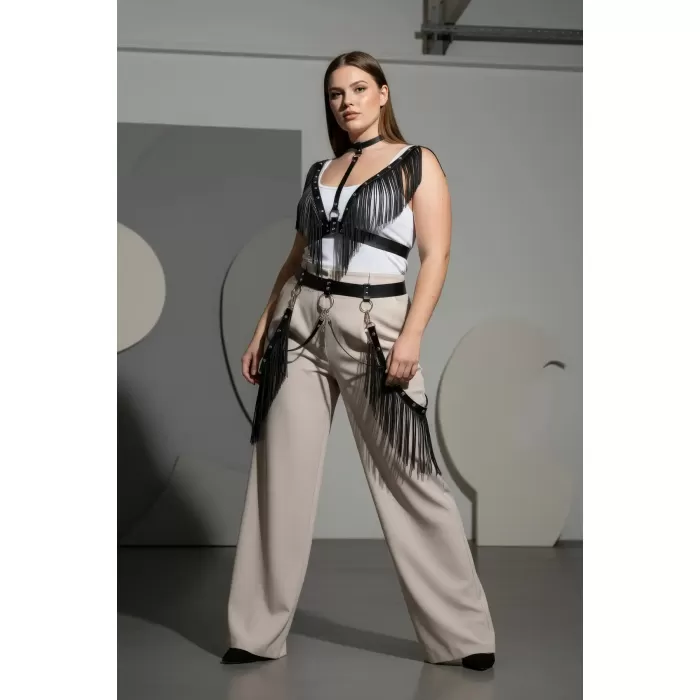 Büyük Beden Siyah Kadın Kemer Püsküllü Deri Harness Vücut Aksesuarı - APFT768