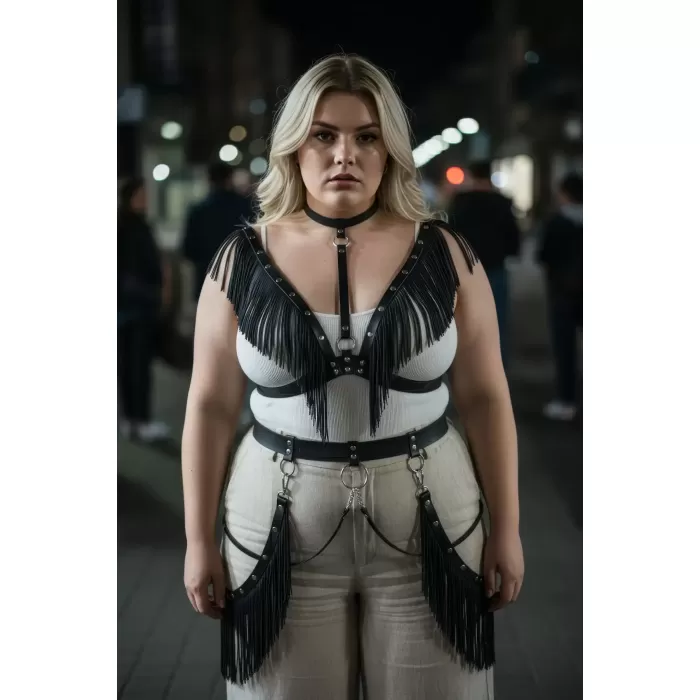 Büyük Beden Siyah Kadın Kemer Püsküllü Deri Harness Vücut Aksesuarı - APFT768