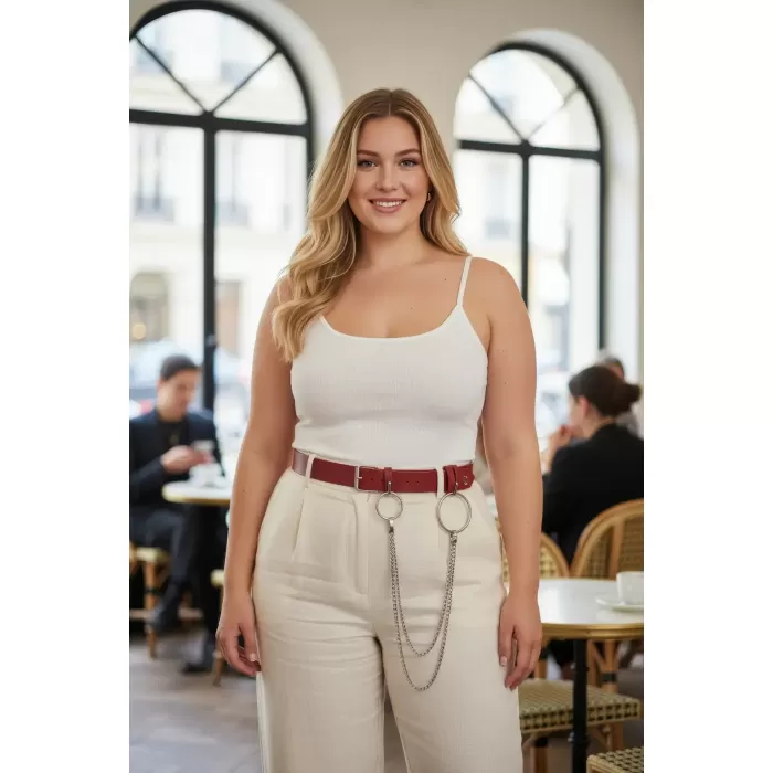 Büyük Beden Bordo Kadın Deri Kemer Halka ve Zincir Detaylı - APFT779