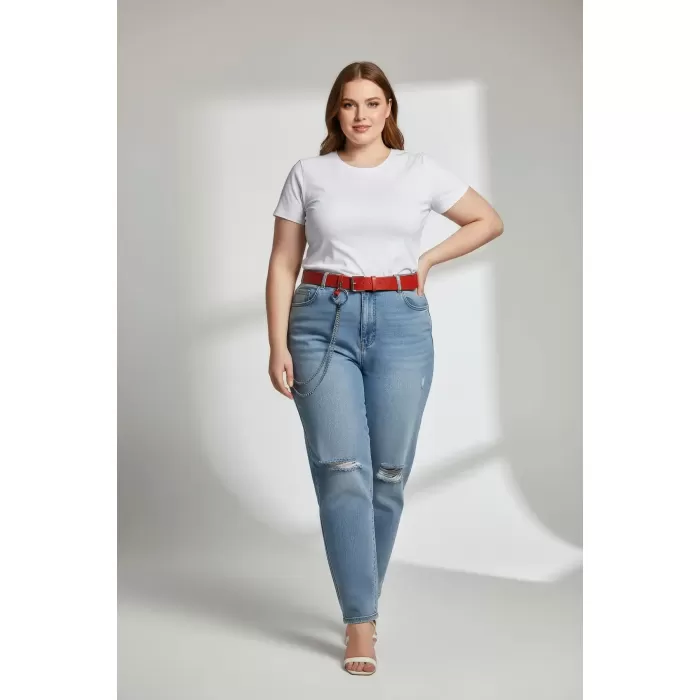 Büyük Beden Bordo Kadın Deri Kemer Halka ve Zincir Detaylı - APFT779