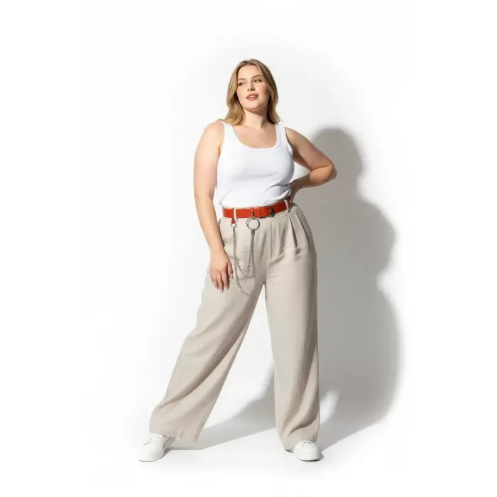 Büyük Beden Bordo Kadın Deri Kemer Halka ve Zincir Detaylı - APFT779