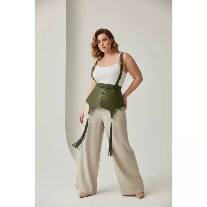 Büyük Beden Haki Kadın Kemer Korse Kesimli Omuz Askılı Püskül Detaylı - APFT787