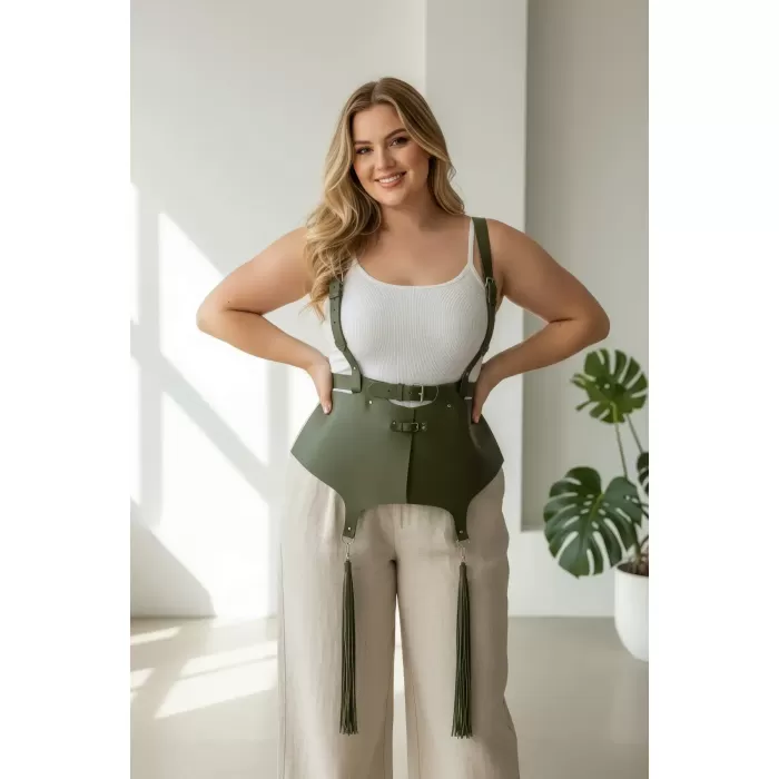 Büyük Beden Haki Kadın Kemer Korse Kesimli Omuz Askılı Püskül Detaylı - APFT787