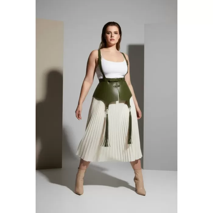 Büyük Beden Haki Kadın Kemer Korse Kesimli Omuz Askılı Püskül Detaylı - APFT787