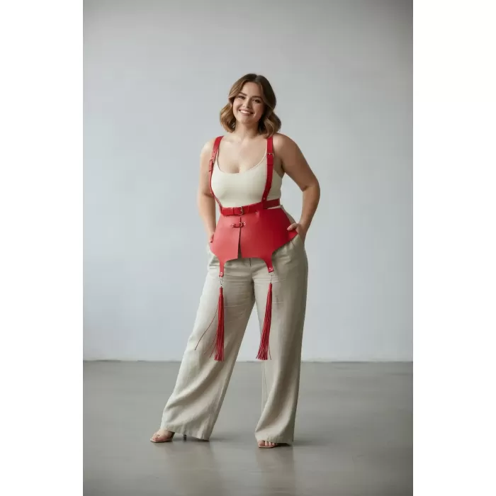 Büyük Beden Kırmızı Kadın Kemer Korse Stili Askılı Deri Vücut Aksesuarı - APFT787