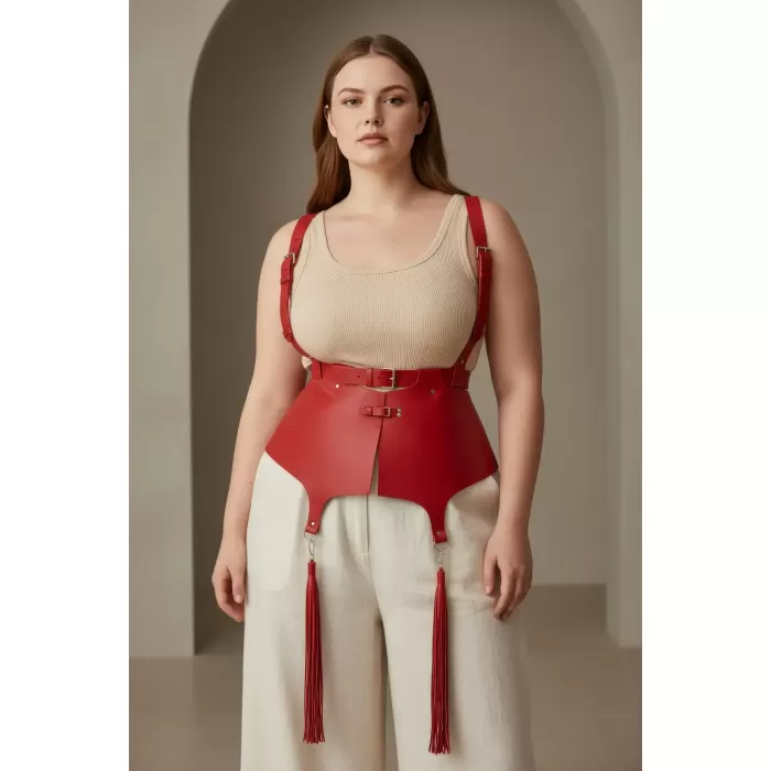 Büyük Beden Kırmızı Kadın Kemer Korse Stili Askılı Deri Vücut Aksesuarı - APFT787