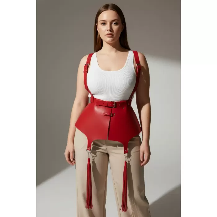 Büyük Beden Kırmızı Kadın Kemer Korse Stili Askılı Deri Vücut Aksesuarı - APFT787