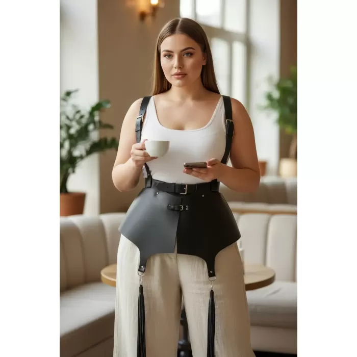 Büyük Beden Siyah Kadın Deri Korse Kemer, Omuz Askılı ve Püskül Detaylı - APFT787