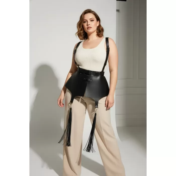 Büyük Beden Siyah Kadın Deri Korse Kemer, Omuz Askılı ve Püskül Detaylı - APFT787