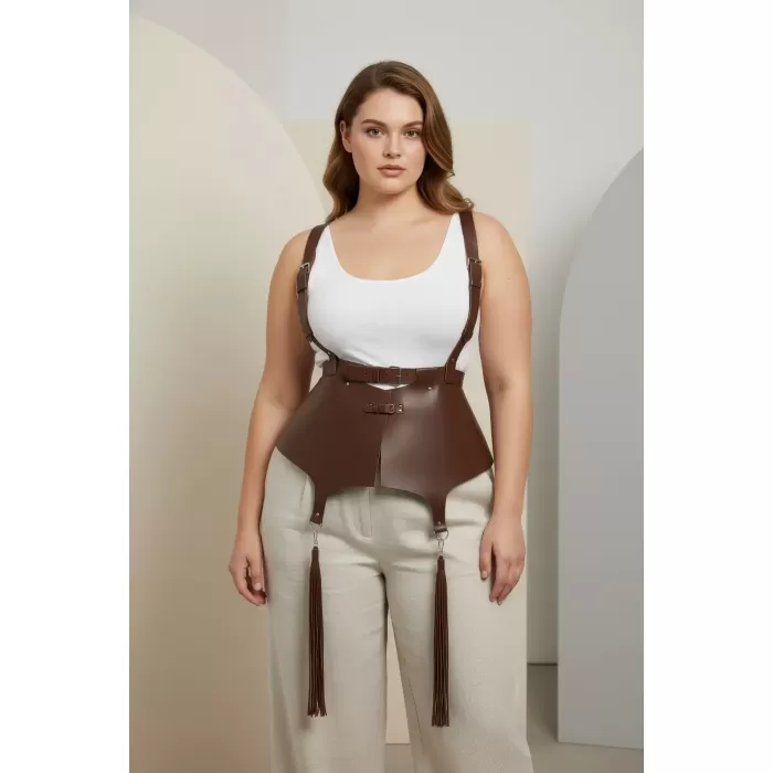 Büyük Beden Kahverengi Kadın Kemer Korse Stil Askılı Püskül Detaylı Deri - APFT787