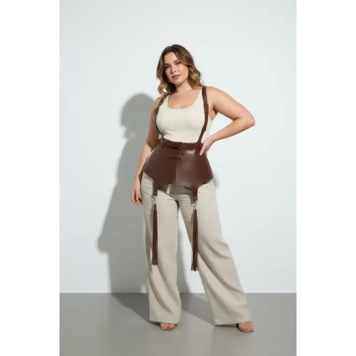 Büyük Beden Kahverengi Kadın Kemer Korse Stil Askılı Püskül Detaylı Deri - APFT787