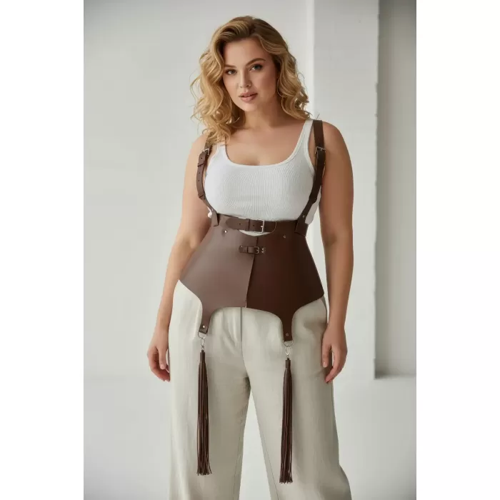 Büyük Beden Kahverengi Kadın Kemer Korse Stil Askılı Püskül Detaylı Deri - APFT787
