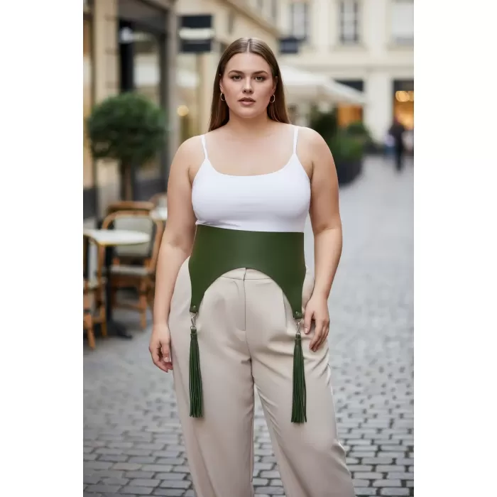 Büyük Beden Haki Kadın Kemer Korse Stil Püskül Detaylı - APFT788