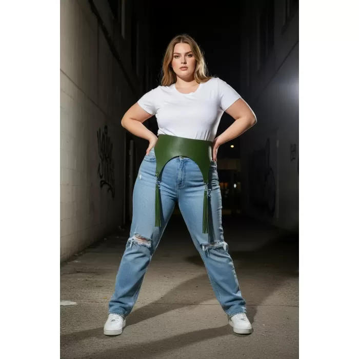 Büyük Beden Haki Kadın Kemer Korse Stil Püskül Detaylı - APFT788