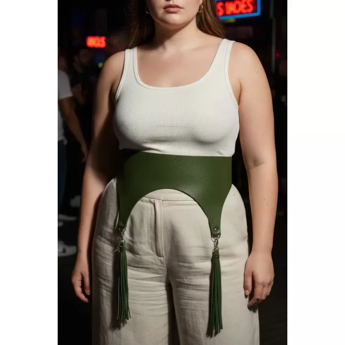 Büyük Beden Haki Kadın Kemer Korse Stil Püskül Detaylı - APFT788