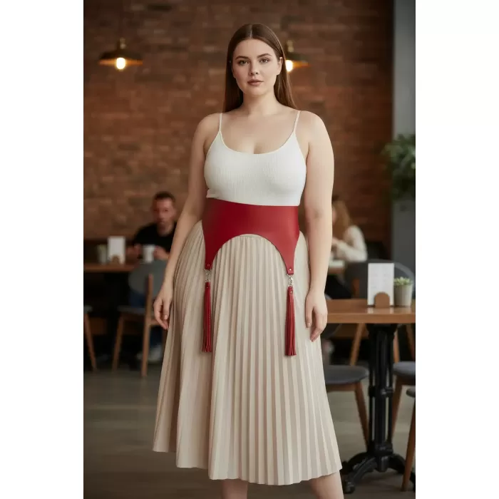 Büyük Beden Kırmızı Kadın Kemer Korsaj Model Püskül Detaylı - APFT788