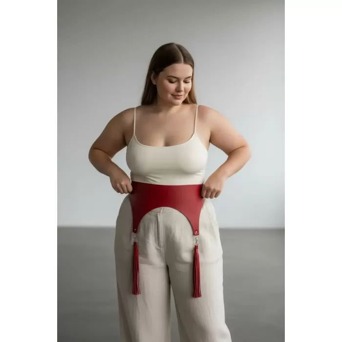 Büyük Beden Kırmızı Kadın Kemer Korsaj Model Püskül Detaylı - APFT788