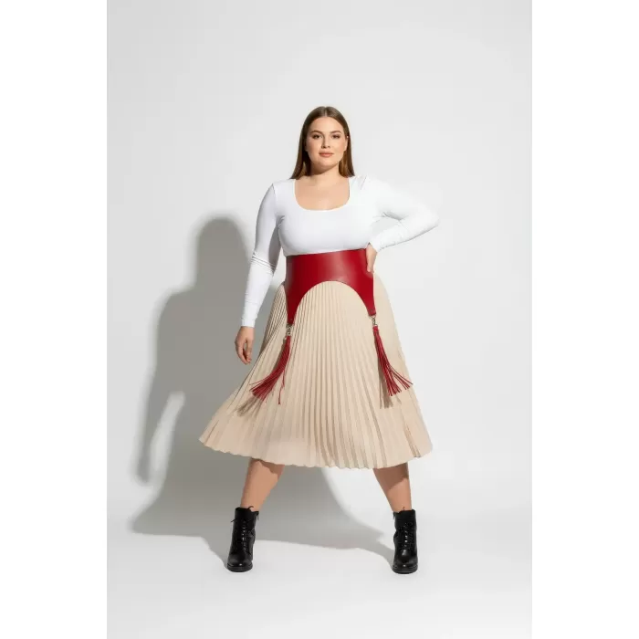 Büyük Beden Kırmızı Kadın Kemer Korsaj Model Püskül Detaylı - APFT788