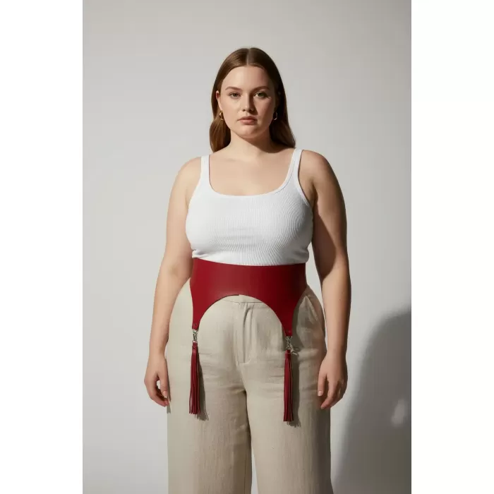 Büyük Beden Kırmızı Kadın Kemer Korsaj Model Püskül Detaylı - APFT788