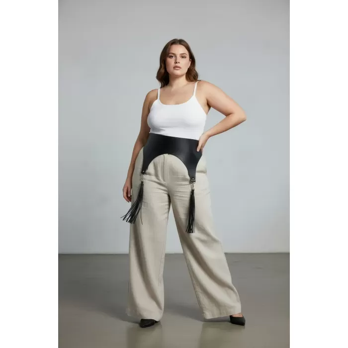 Büyük Beden Siyah Kadın Kemer Geniş Korse Model Püskül Detaylı - APFT788