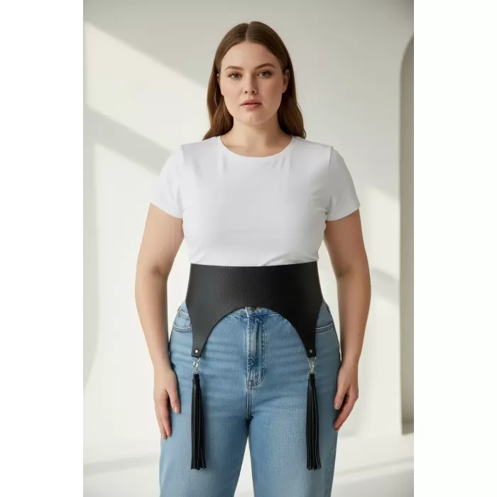 Büyük Beden Siyah Kadın Kemer Geniş Korse Model Püskül Detaylı - APFT788