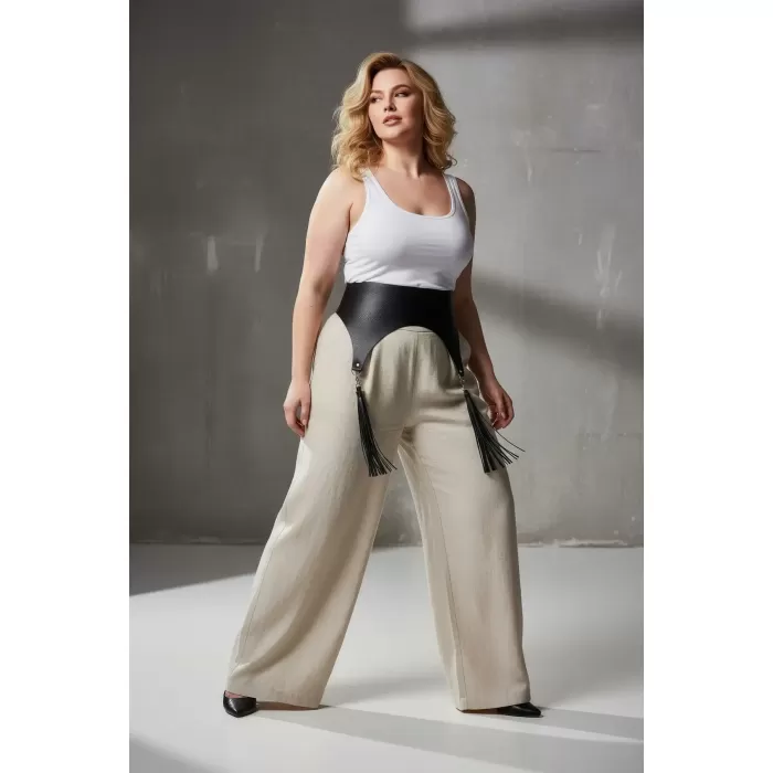 Büyük Beden Siyah Kadın Kemer Geniş Korse Model Püskül Detaylı - APFT788