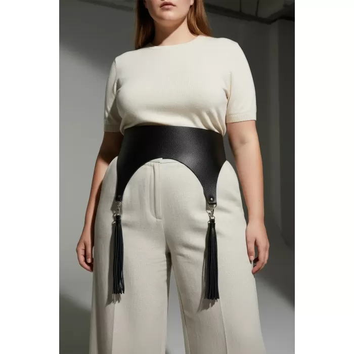 Büyük Beden Siyah Kadın Kemer Geniş Korse Model Püskül Detaylı - APFT788