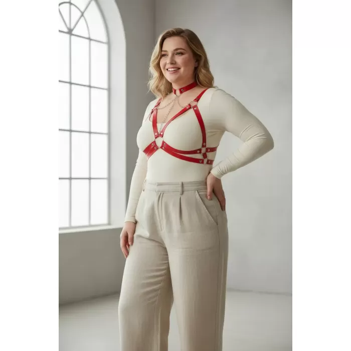 Büyük Beden Kırmızı Kadın Kemer Zincir Detaylı Deri Harness - APFT797