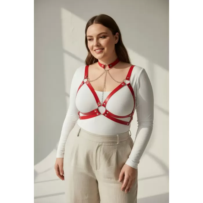 Büyük Beden Kırmızı Kadın Kemer Zincir Detaylı Deri Harness - APFT797